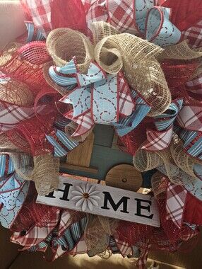 NEW Handmade Camper Wreath Rustic Farmhouse Home Décor Red Aqua Plaid